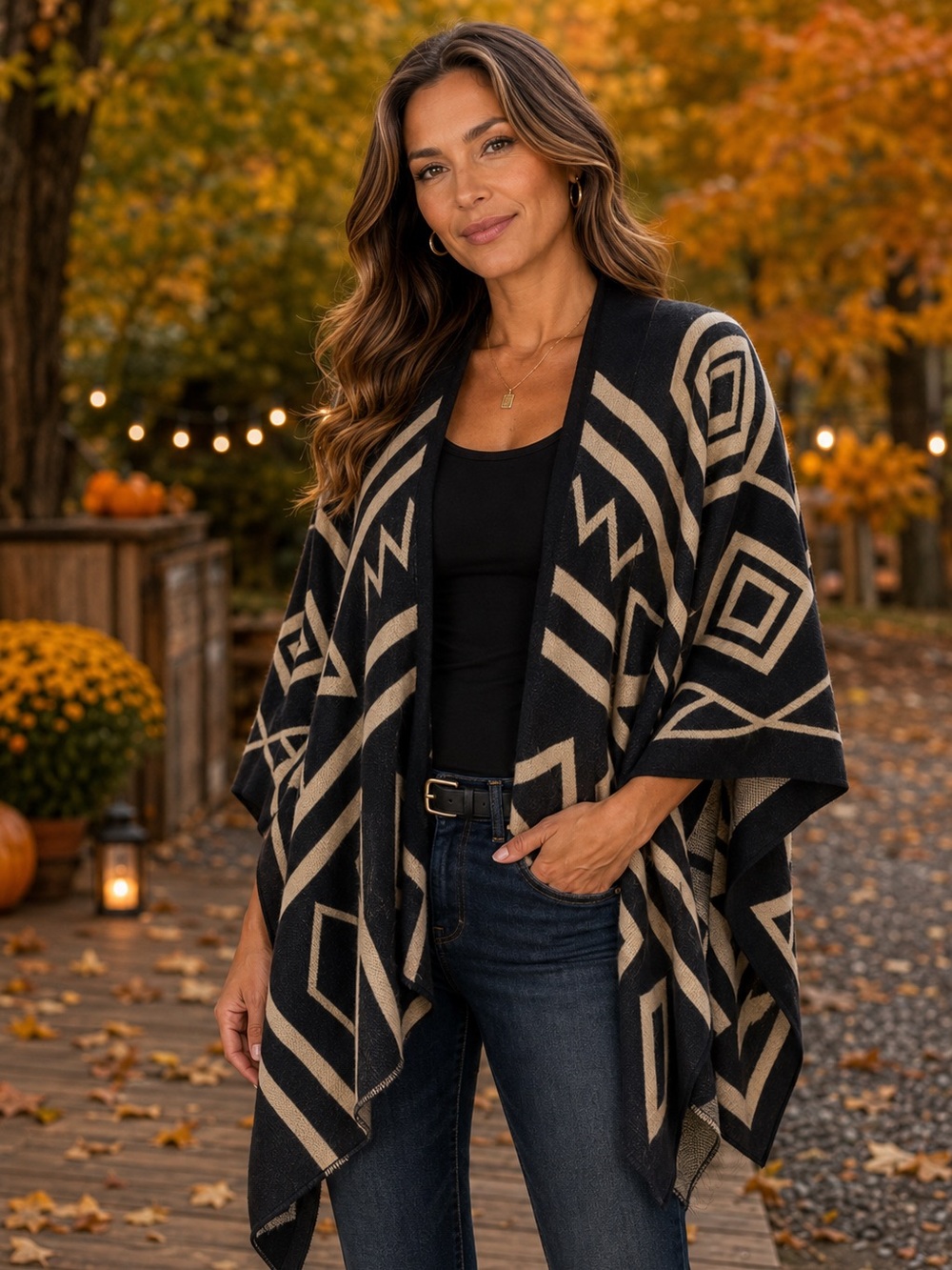 KIMONO BLACK BEIGE WATERFALL SIDES GEOMETRIC PATTERNED PONCHO BATWING SHAWL OS